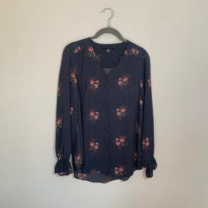 T Tahari Floral & Polka Dot Feminine Peasant V-Neck Blouse - Size M